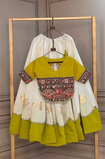 White & Lemon Yellow Lotus Flower Gota & Mirror Lace Work Roman Flared Lehenga With Kutchi Gamthi Blouse Set