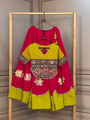 Pink & Lemon Yellow Lotus Flower Gota & Mirror Lace Work Roman Flared Lehenga With Kutchi Gamthi Blouse Set 6