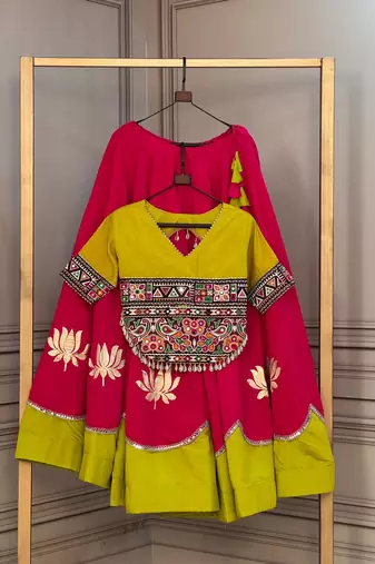 Pink & Lemon Yellow Lotus Flower Gota & Mirror Lace Work Roman Flared Lehenga With Kutchi Gamthi Blouse Set