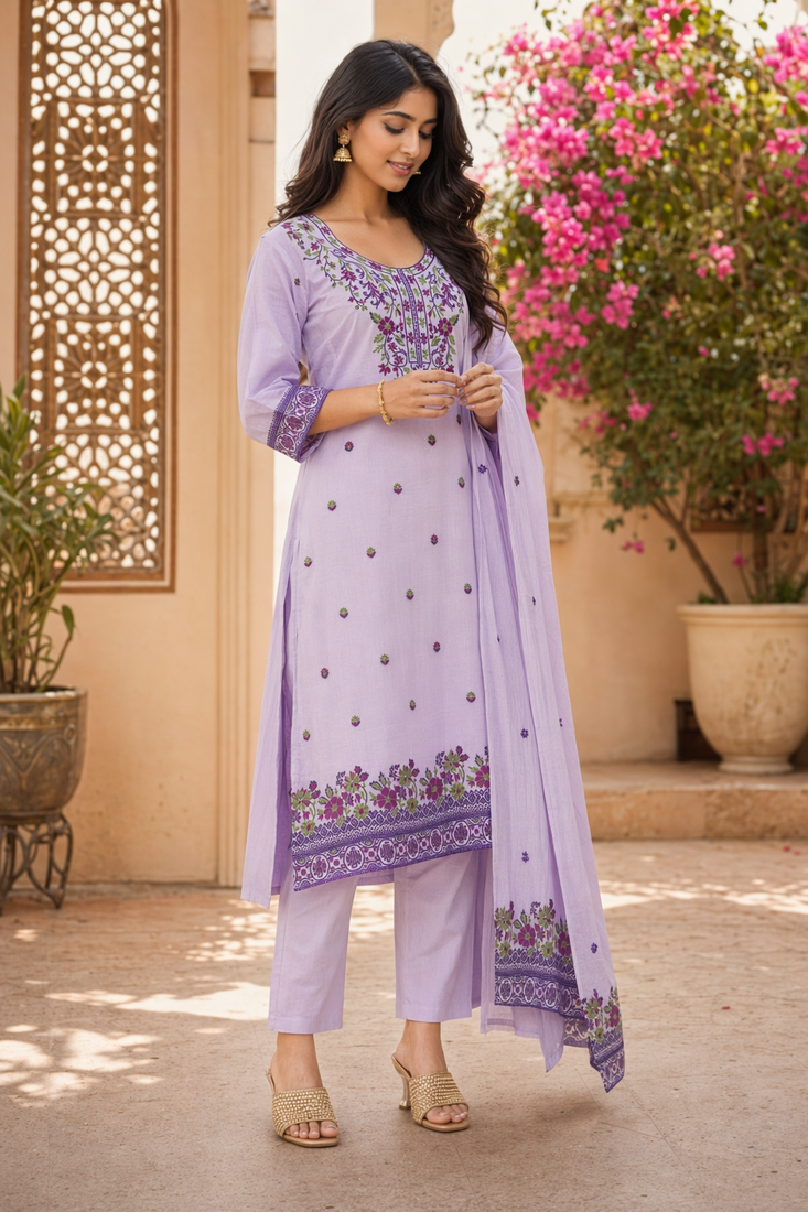 Lavendar handwoven jamdani kurti with dupatta and pant