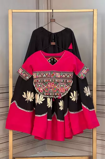 black & pink lotus Flower Gota & Mirror Lace Work Roman Flared Lehenga With Kutchi Gamthi Blouse Set