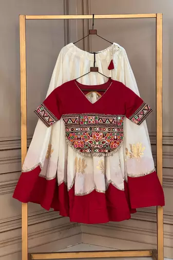 WHITE & MAROON lotus Flower Gota & Mirror Lace Work Roman Flared Lehenga With Kutchi Gamthi Blouse Set