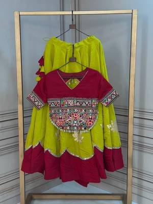 OLIVE GREEN & MAROON lotus Flower Gota & Mirror Lace Work Roman Flared Lehenga With Kutchi Gamthi Blouse Set 6