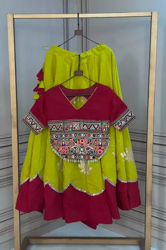 OLIVE GREEN & MAROON lotus Flower Gota & Mirror Lace Work Roman Flared Lehenga With Kutchi Gamthi Blouse Set