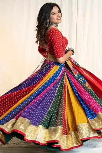Multi Bandhani Georgette Lampi Set - Red