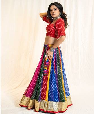 Multi Bandhani Georgette Lampi Set - Red 2
