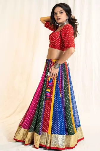 Multi Bandhani Georgette Lampi Set - Red
