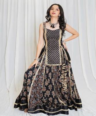 Shades Of Ajrakh - Mashru Handblock SL Outfit - Black 1