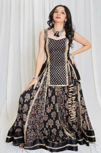 Shades Of Ajrakh - Mashru Handblock SL Outfit - Black