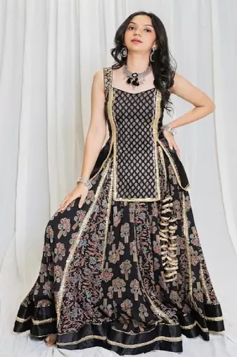Shades Of Ajrakh - Mashru Handblock SL Outfit - Black