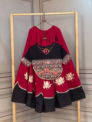 MAROON  & BLACK lotus Flower Gota & Mirror Lace Work Roman Flared Lehenga With Kutchi Gamthi Blouse Set 6