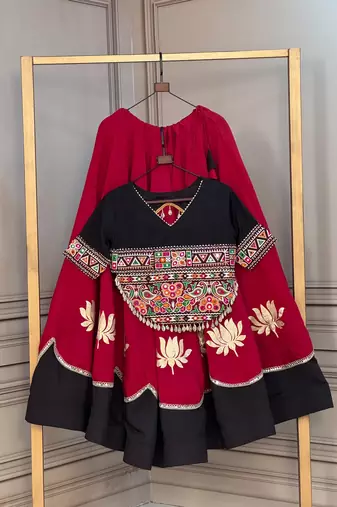 MAROON  & BLACK lotus Flower Gota & Mirror Lace Work Roman Flared Lehenga With Kutchi Gamthi Blouse Set