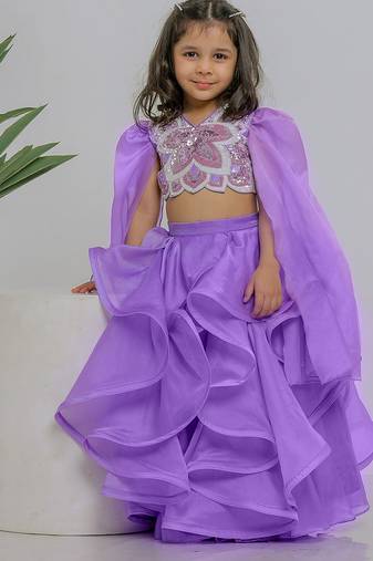 Lilac embroidered silk organza lehenga set