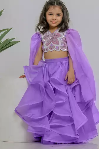 Lilac embroidered silk organza lehenga set