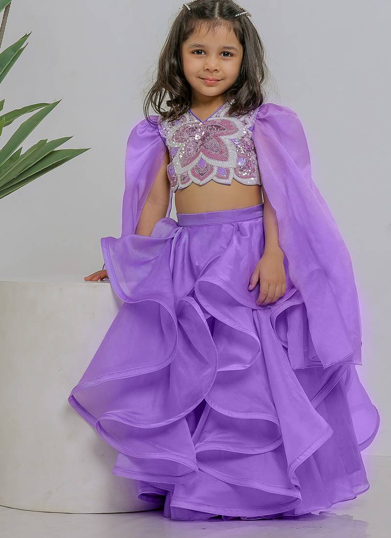 Lilac embroidered silk organza lehenga set