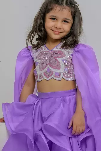 Lilac embroidered silk organza lehenga set