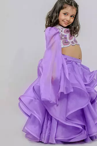 Lilac embroidered silk organza lehenga set