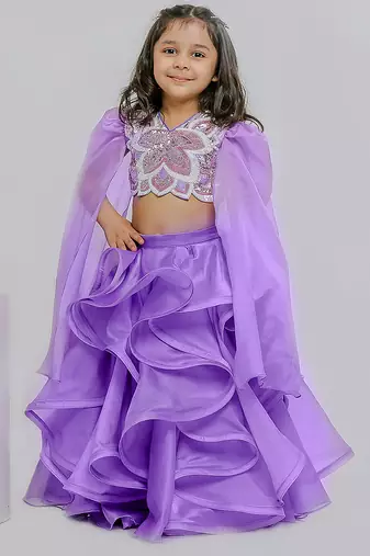 Lilac embroidered silk organza lehenga set