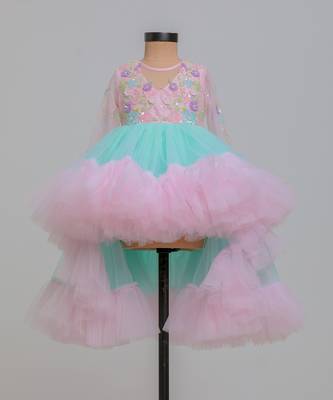 Pink blue embroidered net dress 1