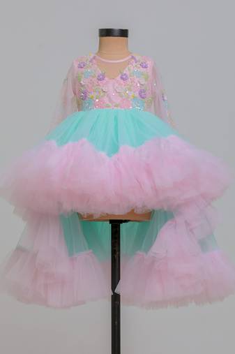 Pink blue embroidered net dress