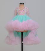 Pink blue embroidered net dress