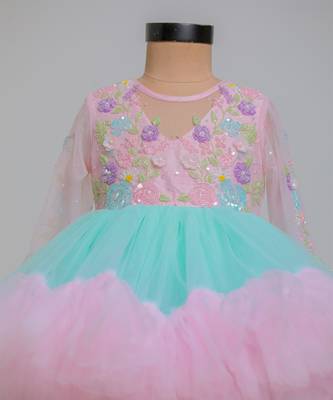Pink blue embroidered net dress 2
