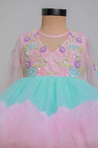 Pink blue embroidered net dress