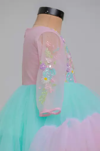 Pink blue embroidered net dress