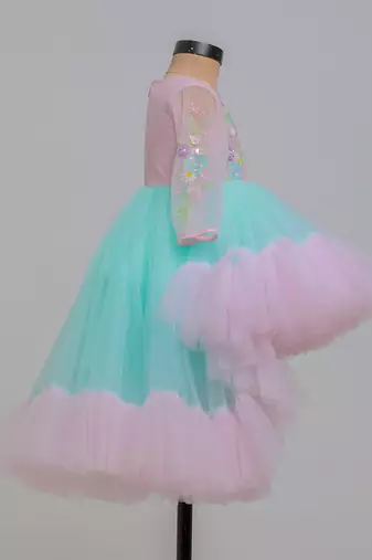 Pink blue embroidered net dress