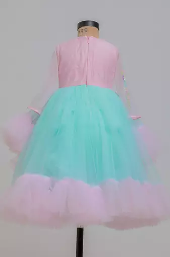 Pink blue embroidered net dress