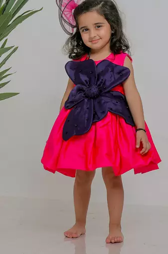 Blue pink embroidered silk dress
