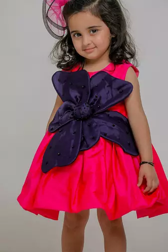 Blue pink embroidered silk dress