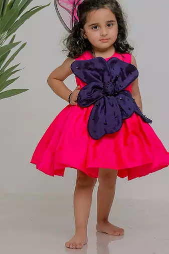 Blue pink embroidered silk dress