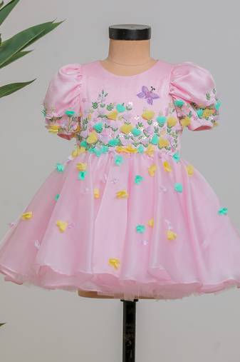 Pink embroidered satin organza frock