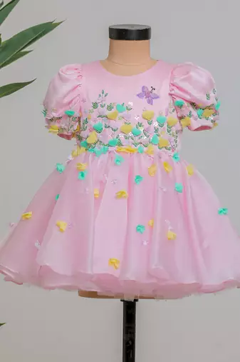 Pink embroidered satin organza frock