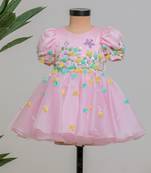 Pink embroidered satin organza frock