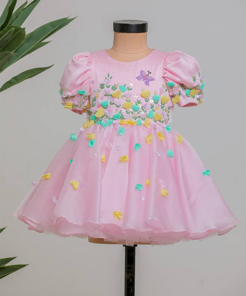 Pink embroidered satin organza frock