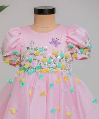 Pink embroidered satin organza frock 2
