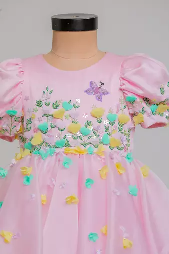 Pink embroidered satin organza frock