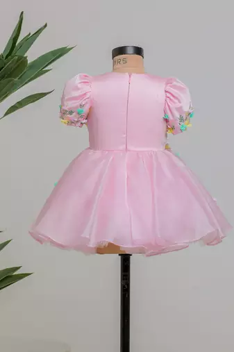 Pink embroidered satin organza frock