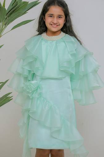 Sea green embroidered satin dress
