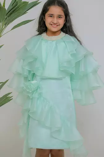 Sea green embroidered satin dress