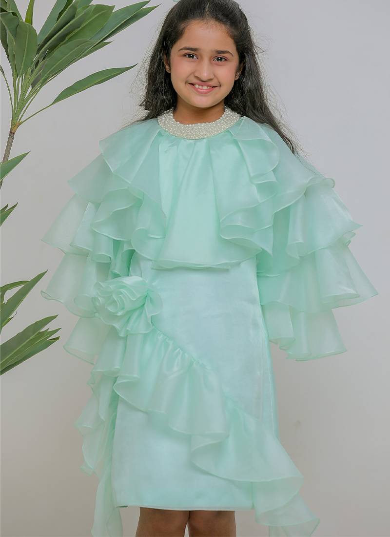 Sea green embroidered satin dress