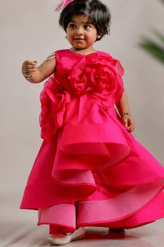 Pink embroidered high low silk gown