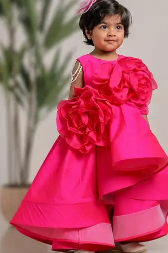 Pink embroidered high low silk gown