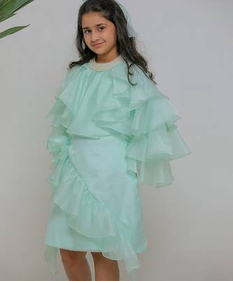 Sea green embroidered satin dress 2