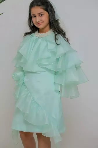 Sea green embroidered satin dress