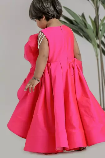 Pink embroidered high low silk gown