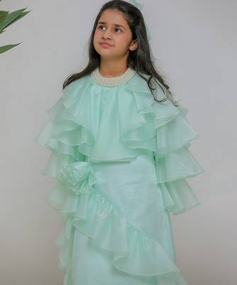 Sea green embroidered satin dress 3