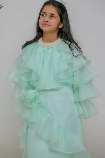 Sea green embroidered satin dress